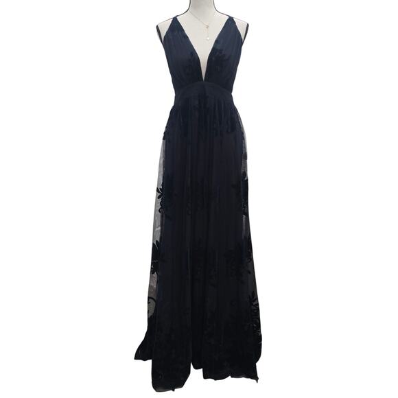 Women’s Navy Mesh Floral Burnout Cocktail Maxi Dress M Romantic Elegant Evening - Picture 1 of 13